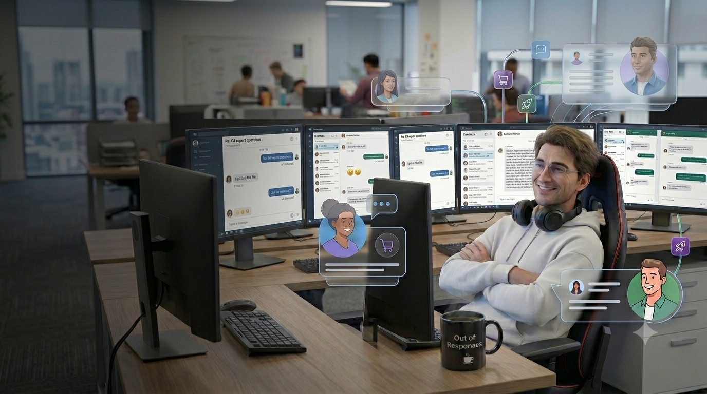 CometaFlow homepage hero banner showing chat automation handled in a modern office